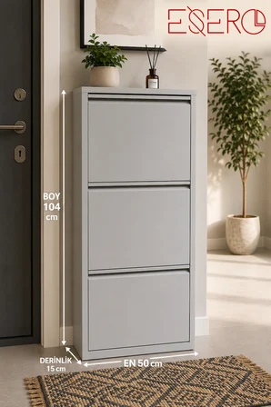 3 Kapaklı Metal Krem Ayakkabılık 50x104x15 cm | Dar ve İnce Tasarım Ayakkabı Dolabı