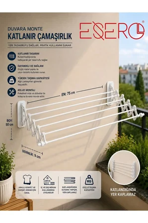 Duvara Monte Katlanır Çamaşırlık 75X50 cm | Yer Kaplamayan Açılır Kapanır Çamaşır Kurutmalık | Balkon, Banyo ve Çamaşır Odası Için
