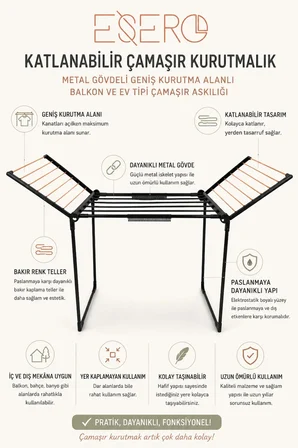 MB706 Katlanır Çamaşır Kurutmalık | Geniş Askı Alanlı Kanatlı Çamaşırlık, Dayanıklı Metal Kurutma Standı, Balkon ve Ev İçi Kullanım