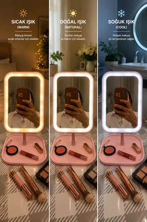 LED Işıklı Masaüstü Makyaj Aynası – 3 Renk Işık Modlu, Dokunmatik, Micro USB Şarjlı, Ayaklı Kozmetik Aynası