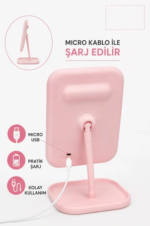 LED Işıklı Masaüstü Makyaj Aynası – 3 Renk Işık Modlu, Dokunmatik, Micro USB Şarjlı, Ayaklı Kozmetik Aynası