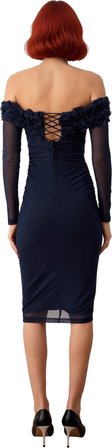 Kadınlara Özel Bodycon Kesim Carmen Yaka Gül Detaylı Midi Tül Abiye Elbise Uzun Kollu Astarlı