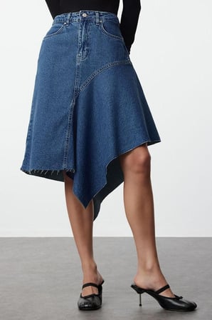Moda Regular Düz Desen Günlük Midi Boy Dikiş Detaylı Asimetril Yüksek Bel Midi Denim Etek