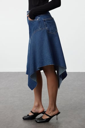 Moda Regular Düz Desen Günlük Midi Boy Dikiş Detaylı Asimetril Yüksek Bel Midi Denim Etek