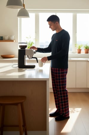 Erkek Kareli Pijama Takımı Bisiklet Yaka Sweatshirt Pantolon Fonksiyonel Dayanıklı Estetik