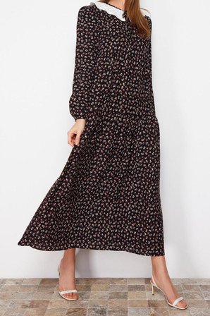 Moda Regular Casual Günlük Belmando Dokuma V Yaka Uzun Kol A-Line Midi Boy Tesettür Elbise
