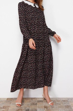 Moda Regular Casual Günlük Belmando Dokuma V Yaka Uzun Kol A-Line Midi Boy Tesettür Elbise