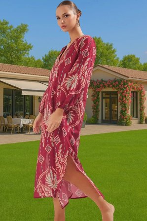 Rahat Pamuklu Maxi Elbise Etnik Desenli Balon Kol Günlük Şık Şık Görünüm Seçkin Malzeme Modern Stil