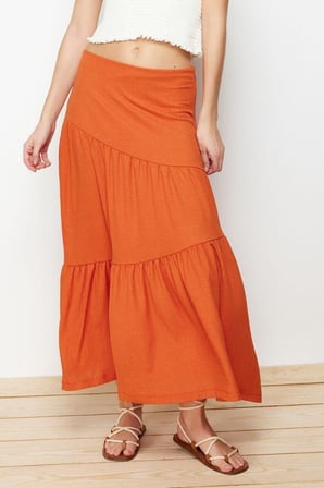 Moda Kloş Düz Desen Günlük Maxi Boy Bürümcük Maxi Pileli Esnek Örme Etek