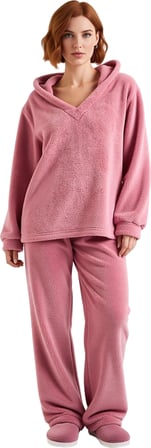 Kadın Yumuşak Peluş Kapüşonlu Pijama Takımı Fonksiyonel Dayanıklı Kaliteli Konforlu Modern