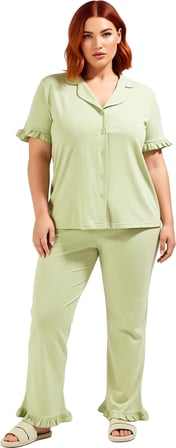 Kadın Gömlek Yaka Fırfırlı Örme Pijama Takımı Fonksiyonel Dayanıklı Kaliteli Konforlu Spor