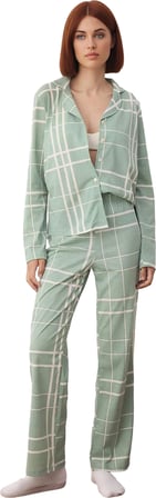 Kadin Ekose Ayicik Desenli Pijama Takımı Gömlek Yaka Uzun Kollu Fonksiyonel Dayanıklı Spor