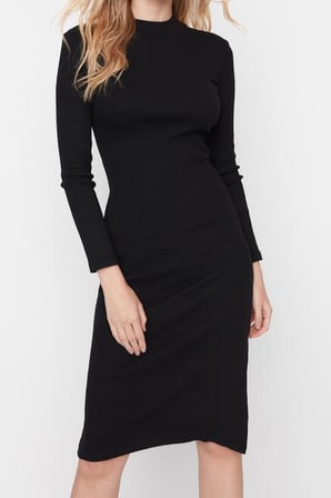 Moda Slim Casual Günlük Rejenere Kaşkorse Dokuma Dik Yaka Uzun Kol Bodycone Mini Boy Elbise