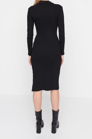 Moda Slim Casual Günlük Rejenere Kaşkorse Dokuma Dik Yaka Uzun Kol Bodycone Mini Boy Elbise