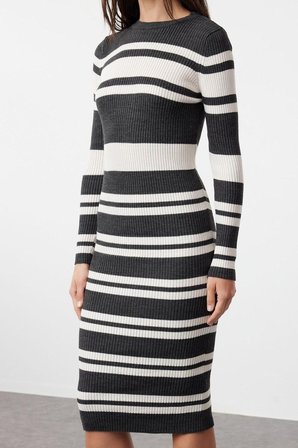 Moda Slim Casual Günlük Pike Triko Bisiklet Yaka Uzun Kol Bodycone Midi Boy Elbise