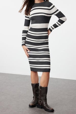 Moda Slim Casual Günlük Pike Triko Bisiklet Yaka Uzun Kol Bodycone Midi Boy Elbise