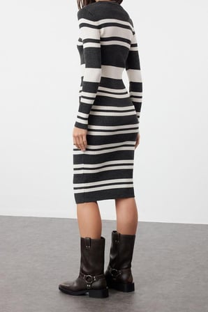Moda Slim Casual Günlük Pike Triko Bisiklet Yaka Uzun Kol Bodycone Midi Boy Elbise
