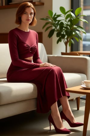 Kadın Fashion Forward Bordo Örme Maxi Elbise Bodycon Kesim Bel Detaylı Uzun Kollu Zarif Stil