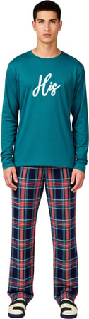 Erkek Kareli Pijama Takımı Bisiklet Yaka Sweatshirt Pantolon Fonksiyonel Dayanıklı Estetik