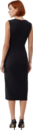 Kadınlar İçin Düz Desenli Bodycon Siluet Kolsuz Midi Dokuma Elbise V Yaka ve Kemerli Tasarım