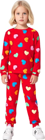 Kız Çocuk Pamuk Polyester Örme Kalp Baskılı Pijama Takımı Kaliteli Şık Rahat  Günlük