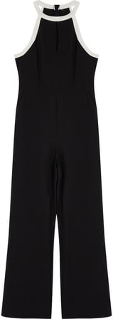 Kadın Moda Standart Kol Geniş Paça Halter Yaka Düz Desen Uzun Halter Yaka Detaylı Maxi Dokuma Tulum
