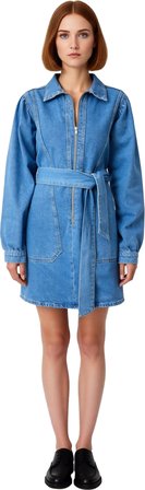 Kadın Denim Ceket Elbise Kuşak Detaylı Fermuarlı Gömlek Yaka Balon Kol Mini Boy Modern Tasarım