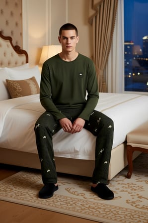 Erkek Haki Uzun Kollu Nakışlı Pijama Takımı Fonksiyonel Dayanıklı Kaliteli Konforlu Modern