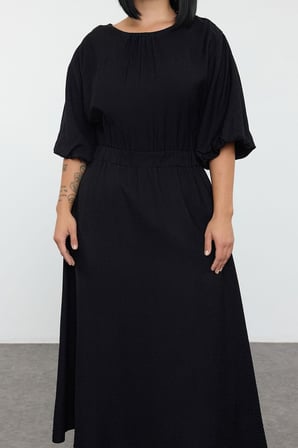 Moda Stil Relaxed Bisiklet Yaka Midi Boy Büyük Beden Dokulu Balon Kol Dokuma Büyük Beden Elbise