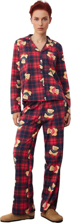 Kadin Ekose Ayicik Desenli Pijama Takımı Gömlek Yaka Uzun Kollu Fonksiyonel Dayanıklı Spor