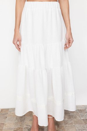 Moda Regular Düz Desen Günlük Maxi Boy Etek Ucu Dantel Detaylı Keten Görünümlü Kloş Maxi Dokuma Etek