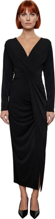 Kadın Şık Kruvaze Yaka Uzun Kollu Anvelop Bodycon Drape Detaylı Örme Maxi Abiye Elbise Kaliteli