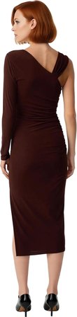 Kadın Şık Midi Boy Bodycon Asimetrik Yaka Tek Kollu Örme Elbise Aksesuar Detaylı Glam Koleksiyon