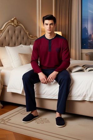 Erkek Çizgili Henley Yaka Örme Pijama Takımı Fonksiyonel Dayanıklı Kaliteli Konforlu Rahat