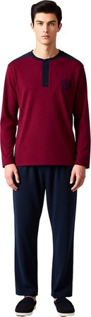 Erkek Çizgili Henley Yaka Örme Pijama Takımı Fonksiyonel Dayanıklı Kaliteli Konforlu Rahat