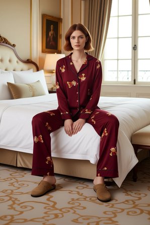 Kadın Ayıcık Desenli Pijama Takımı Gömlek Yaka Uzun Fonksiyonel Dayanıklı Kaliteli Estetik