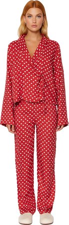 Tarz Rahat Uzun Kollu Boru Paça Kalp Desenli Bağlama Detaylı Viskon Dokuma Pijama Takımı