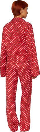 Tarz Rahat Uzun Kollu Boru Paça Kalp Desenli Bağlama Detaylı Viskon Dokuma Pijama Takımı