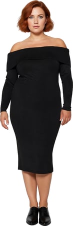 Kadın Düşük Kol Bodycon Siluet Carmen Yaka Triko Midi Elbise Zarif Ve Modern Kış Stili İçin İdeal
