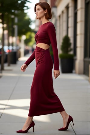Kadın Fashion Forward Bordo Örme Maxi Elbise Bodycon Kesim Bel Detaylı Uzun Kollu Zarif Stil