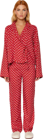 Tarz Rahat Uzun Kollu Boru Paça Kalp Desenli Bağlama Detaylı Viskon Dokuma Pijama Takımı