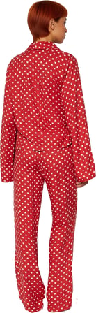 Tarz Rahat Uzun Kollu Boru Paça Kalp Desenli Bağlama Detaylı Viskon Dokuma Pijama Takımı