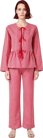 Kadin Kirmizi Kareli Pijama Gömlek Pantolon Takımı Fonksiyonel Dayanıklı Kaliteli Konforlu