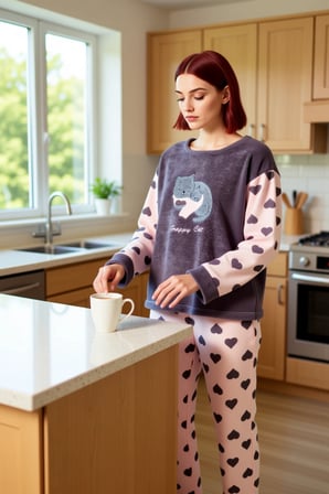 Kadın Füme Kalpli Polar Pijama Takımı Bisiklet Yaka Uzun Kollu Fonksiyonel Dayanıklı Rahat