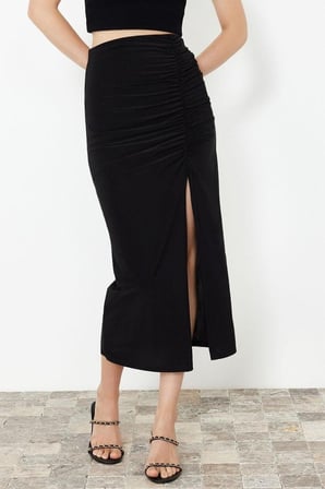 Moda Slim Fit Günlük Maxi Boy Siyah Beyaz Desenli Büzgülü Yırtmaçlı Astarlı Esnek Midi Etek