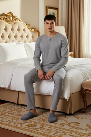 Erkek Waffle Dokulu Uzun Kollu Pijama Takımı Fonksiyonel Dayanıklı Kaliteli Konforlu Rahat