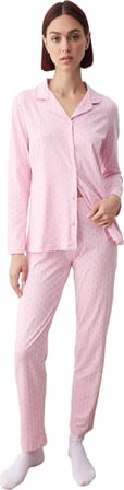Kadın Fiyonk Desenli Gömlek Yaka Pijama Takımı Fonksiyonel Dayanıklı Kaliteli Konforlu Şık