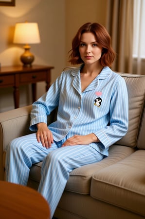 Kadın Gömlek Yaka Çizgili Pamuklu Pijama Takımı Penguen Detaylı Fonksiyonel Dayanıklı Spor