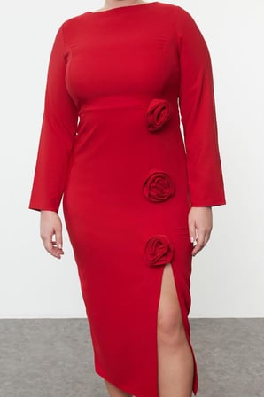 Moda Relaxed Bisiklet Yaka Midi Boy Büyük Beden Kayık Yakalı Yırtmaçlı Güllü Dokuma Elbise