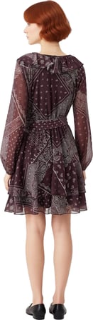 Fashion Forward Kadın Skater Elbise Şal Desenli V Yaka Fırfır Detaylı Standart Kol Mini Modeli